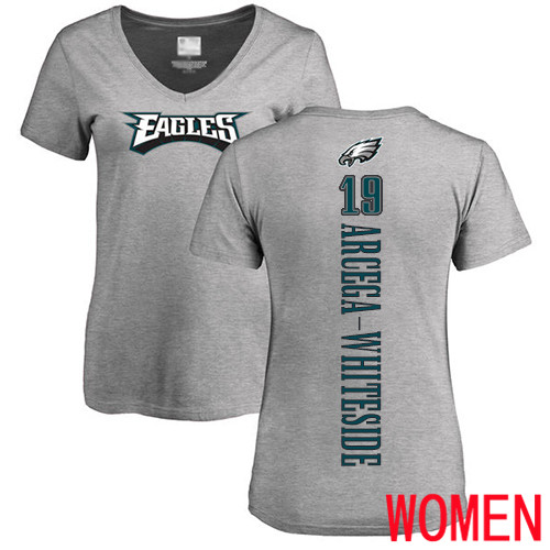 Women Philadelphia Eagles #19 JJ Arcega-Whiteside Ash Backer V-Neck NFL T Shirt->nfl t-shirts->Sports Accessory
